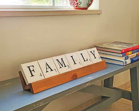 family scrabble style wood sign